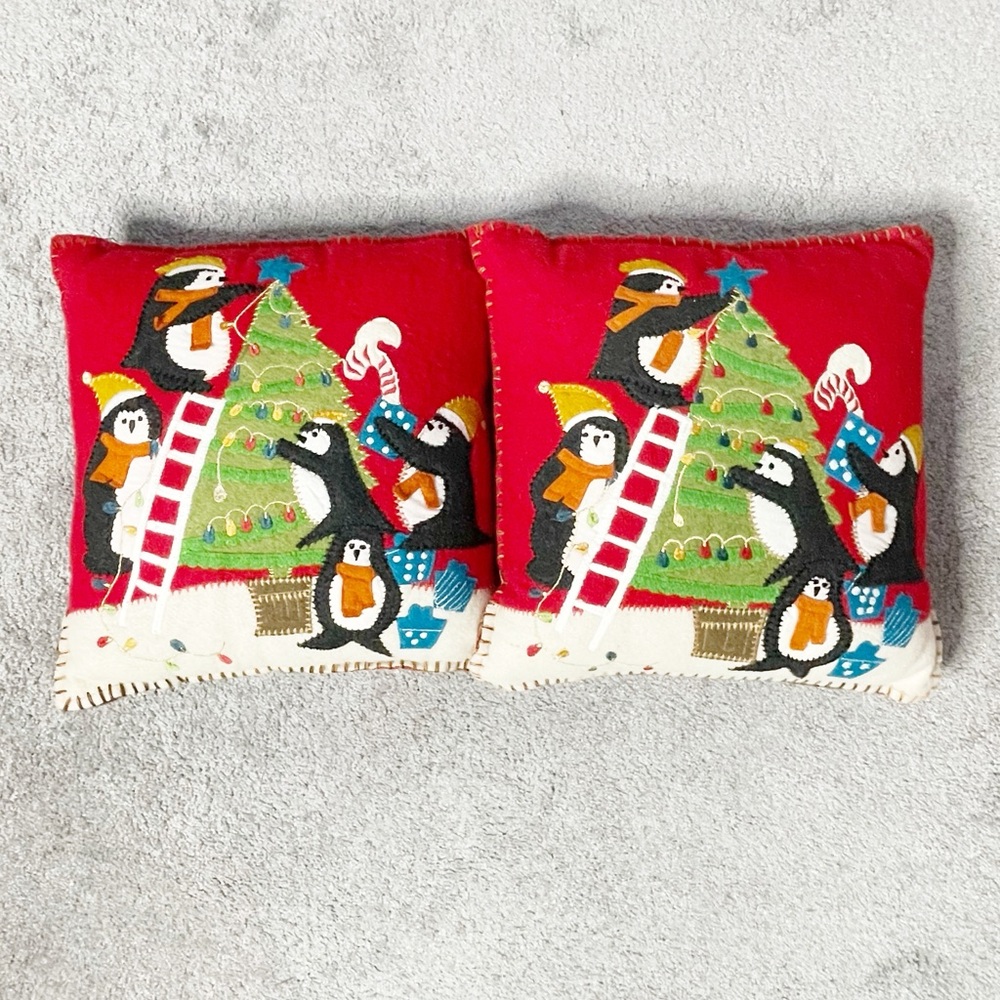 Pier 1 Imports Whimsy Penguin & Christmas Tree Pillow Red Holiday 16 x 16 Set 2